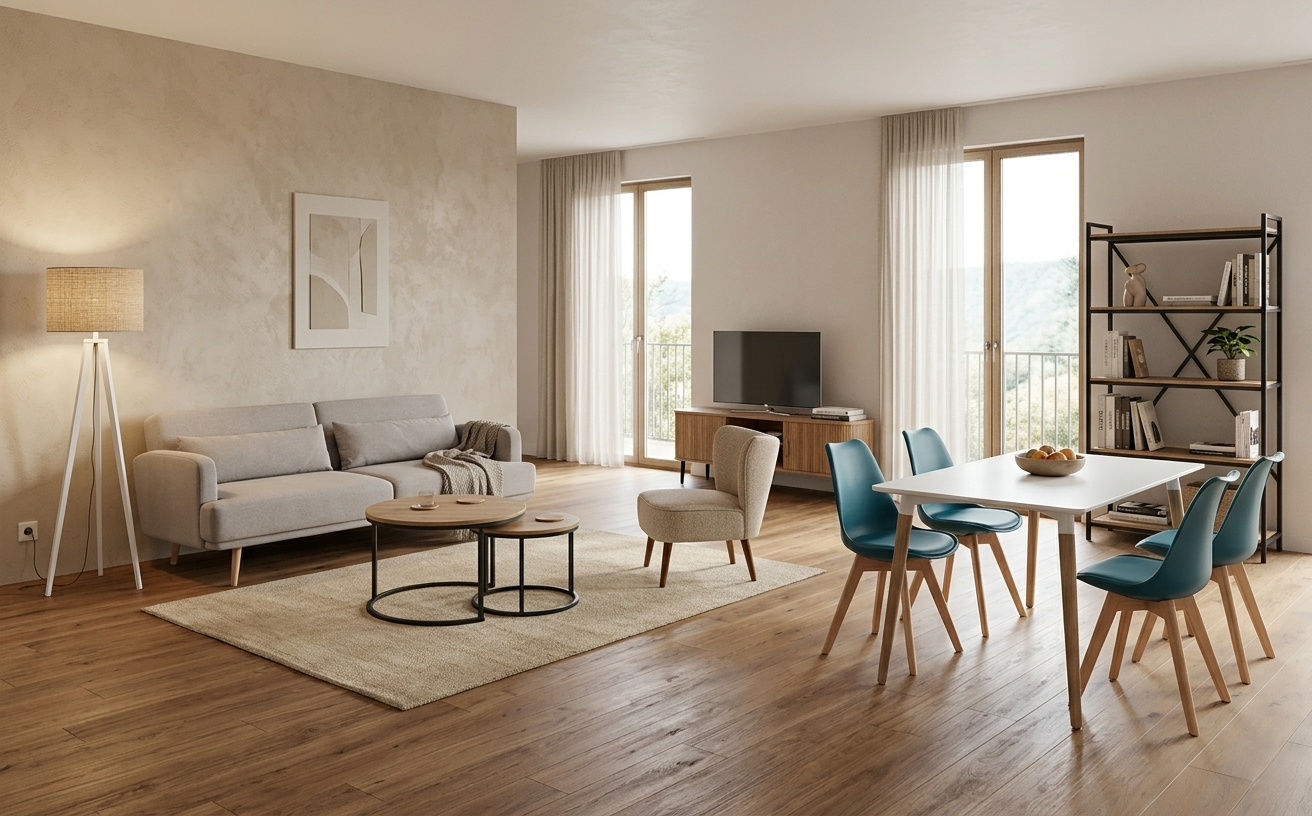 Pack meuble scandinave T3 – séjour meublé style nordique pour location LMNP