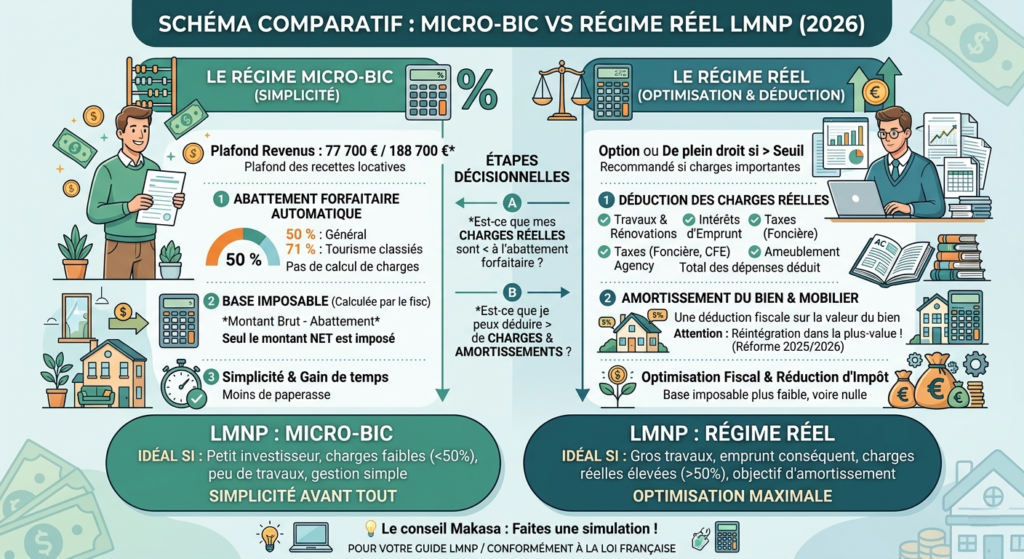 déclarer ses revenus lmnp, le schéma comparatif micro-bic vs régime réel