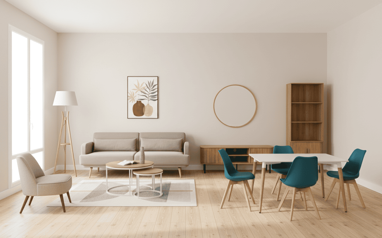 Pack meuble scandinave T5 – séjour meublé style nordique pour location LMNP